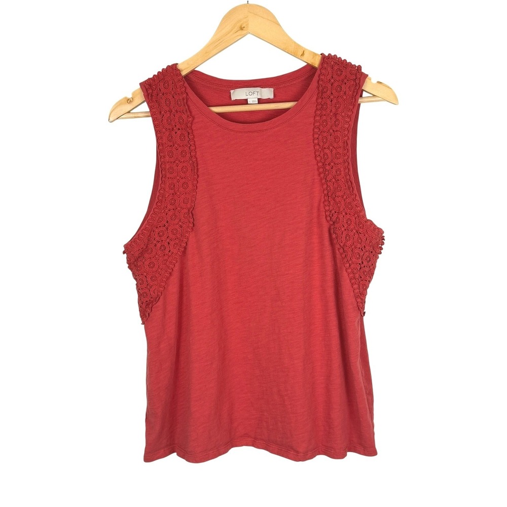 LOFT Crochet Trim Sleeveless Tank Top Womens L Coral Red Boho Fairy Beach Casual